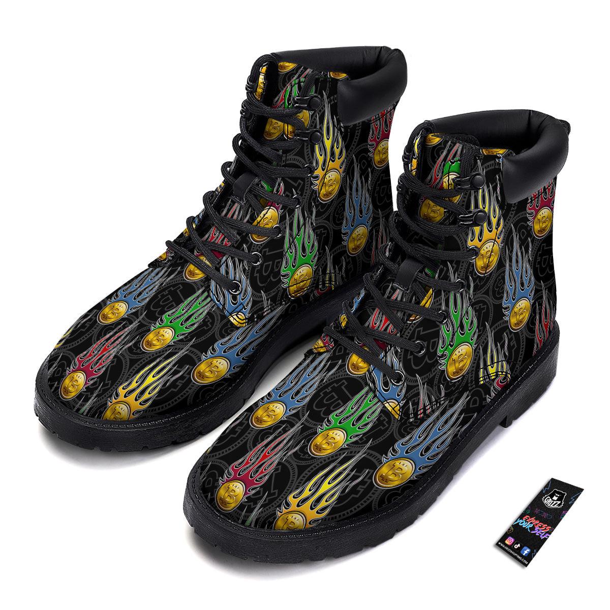 Digital Bitcoin On Fire Print Pattern Boots-grizzshop