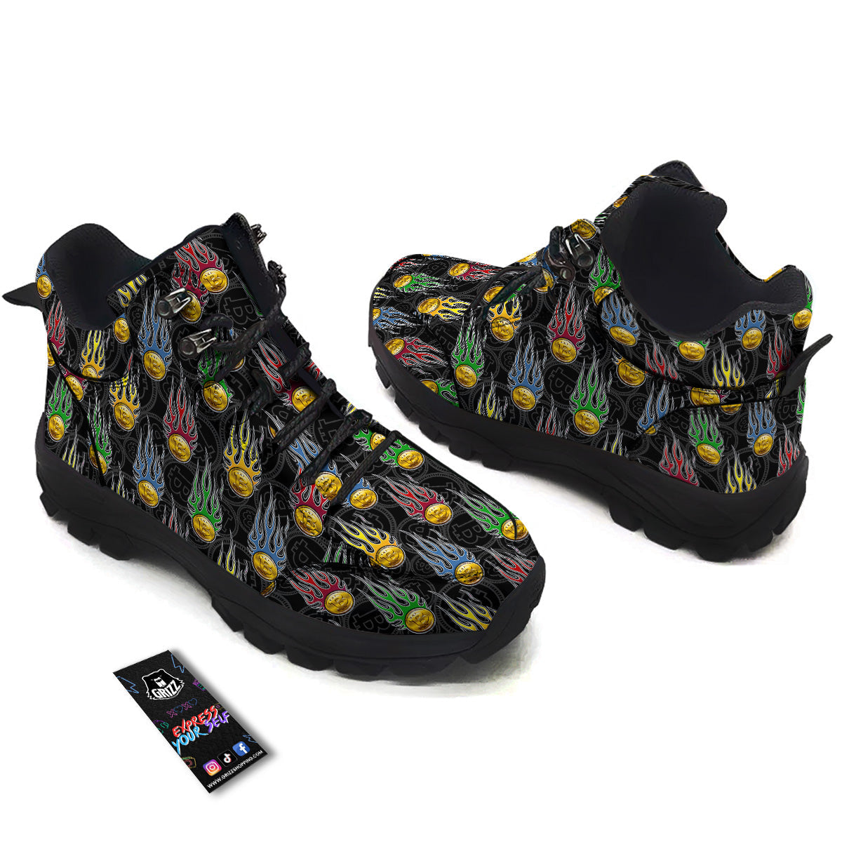 Digital Bitcoin On Fire Print Pattern Hiking Shoes-grizzshop