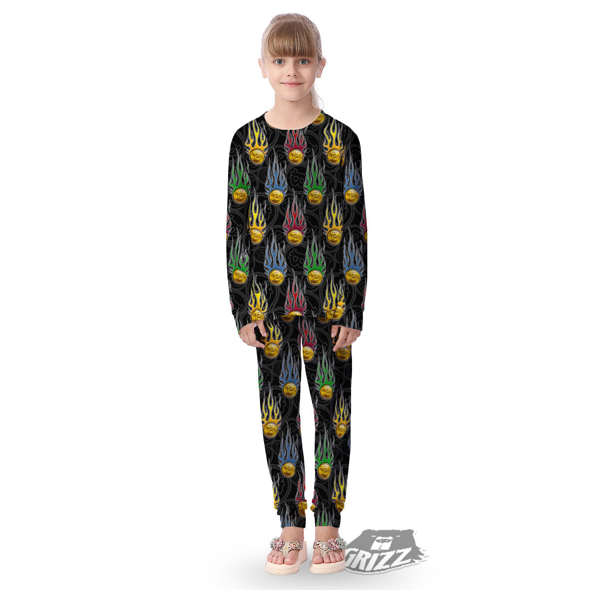 Digital Bitcoin On Fire Print Pattern Kid's Pajamas-grizzshop