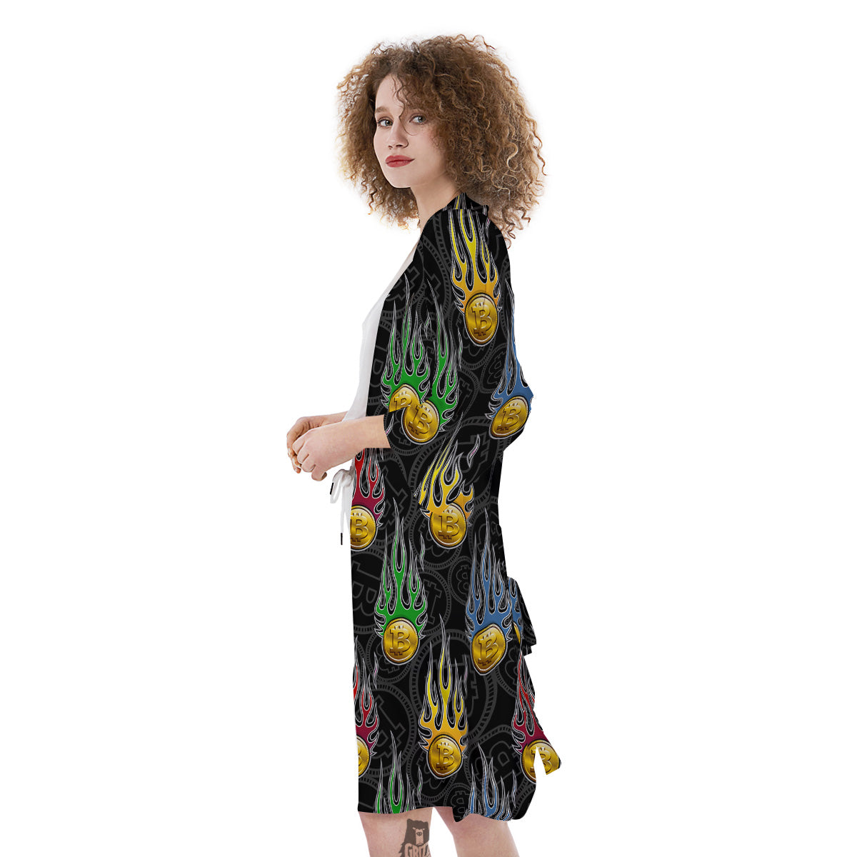 Digital Bitcoin On Fire Print Pattern Kimono-grizzshop