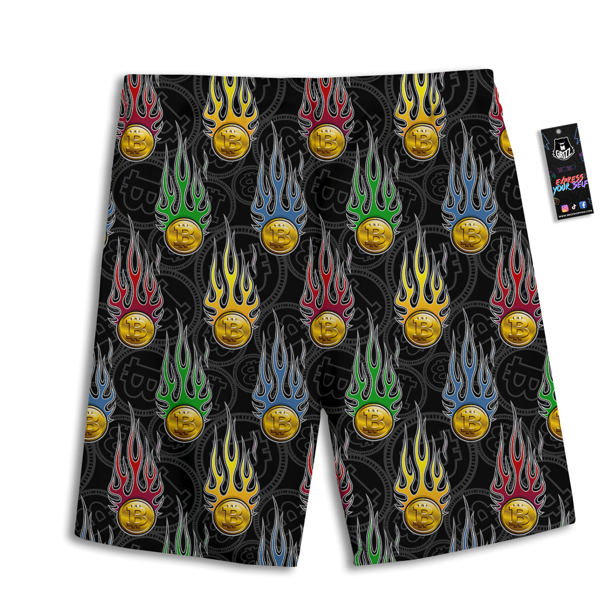Digital Bitcoin On Fire Print Pattern Men's Athletic Shorts