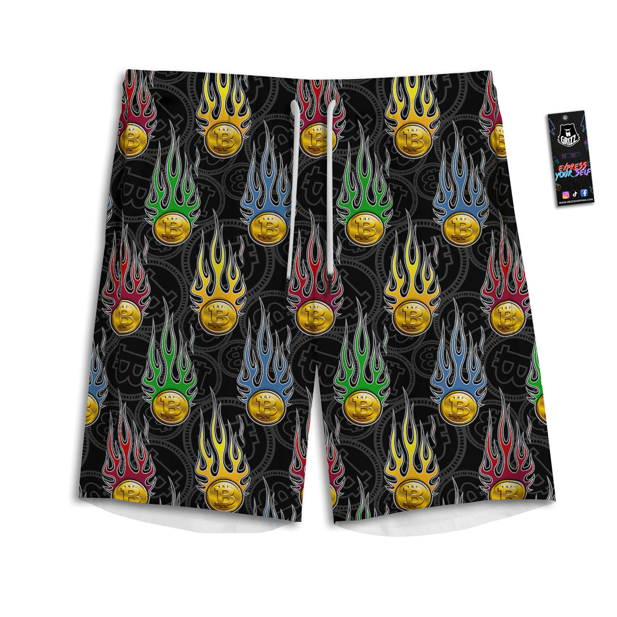 Digital Bitcoin On Fire Print Pattern Men's Athletic Shorts