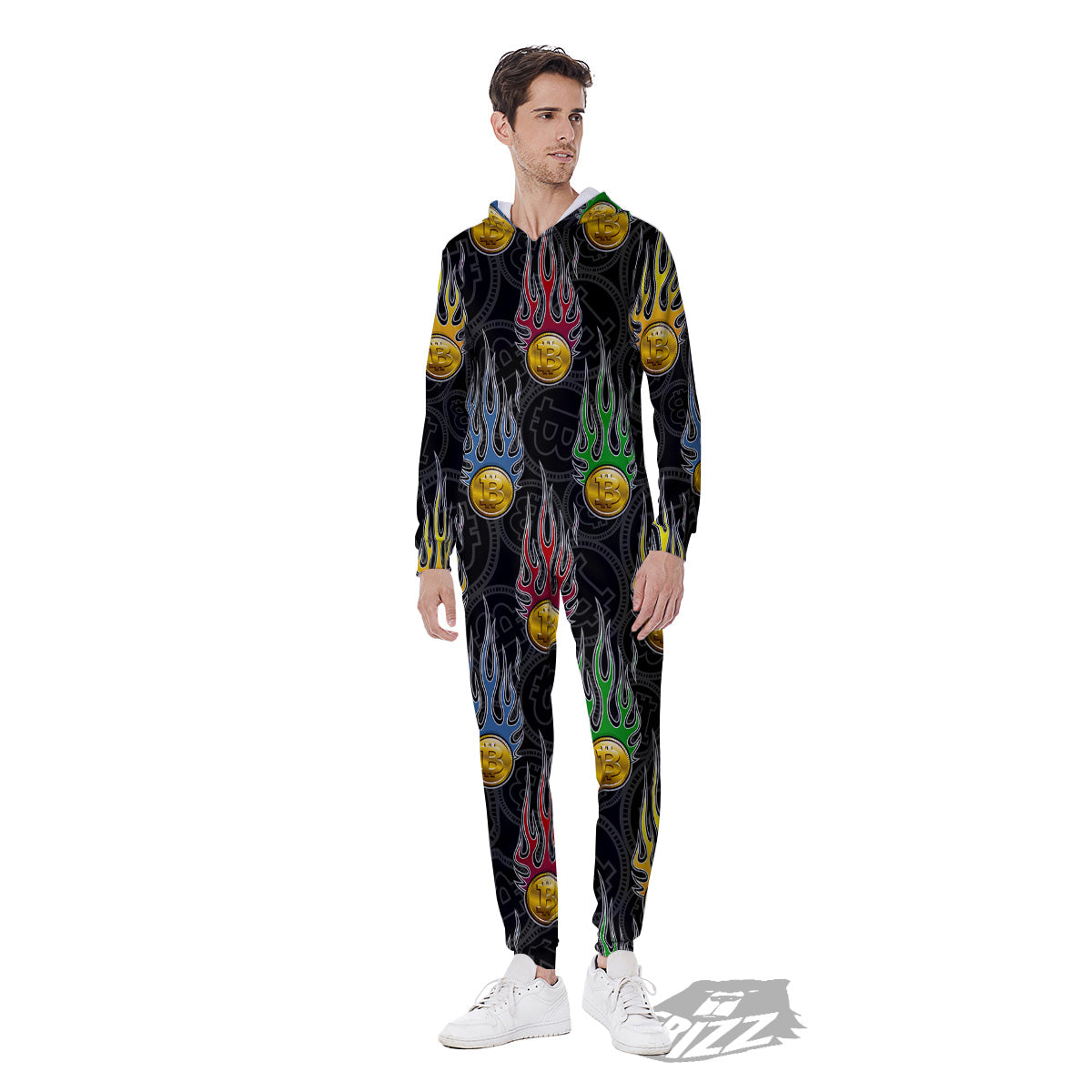 Digital Bitcoin On Fire Print Pattern Men's Jumpsuit-grizzshop
