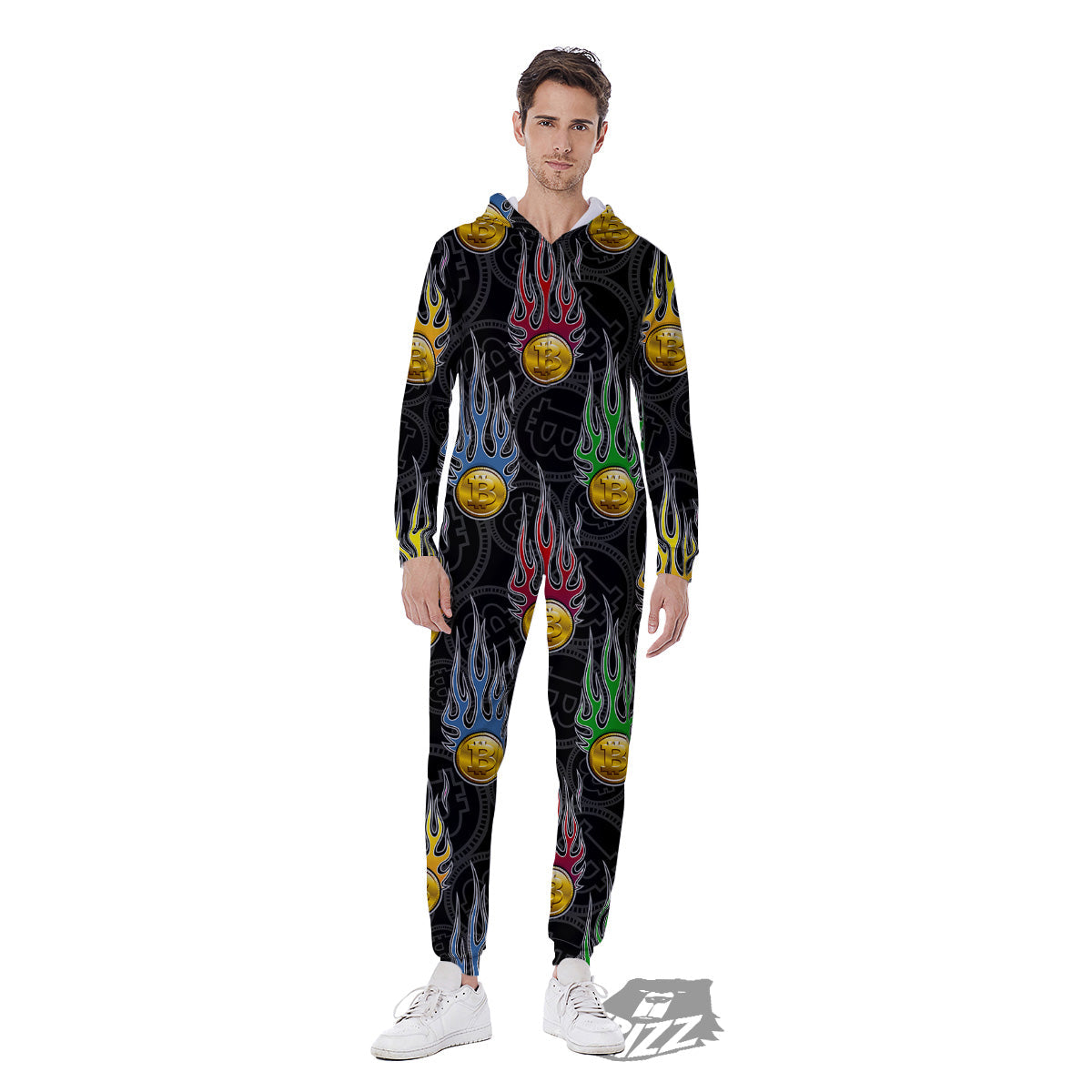 Digital Bitcoin On Fire Print Pattern Men's Jumpsuit-grizzshop