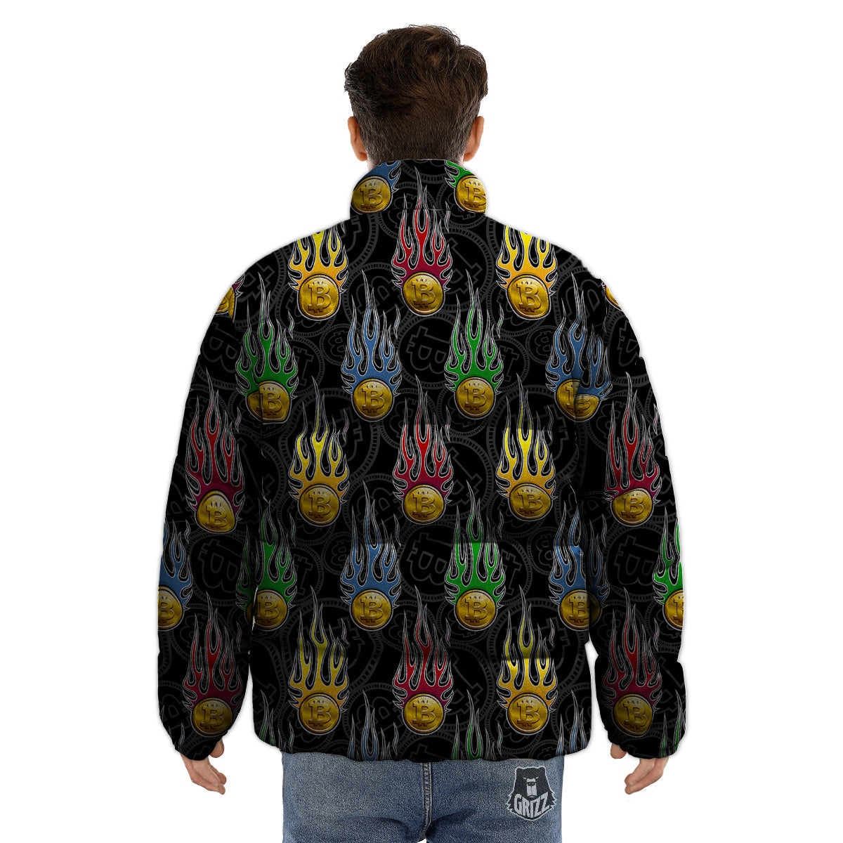 Digital Bitcoin On Fire Print Pattern Puffer Jacket-grizzshop