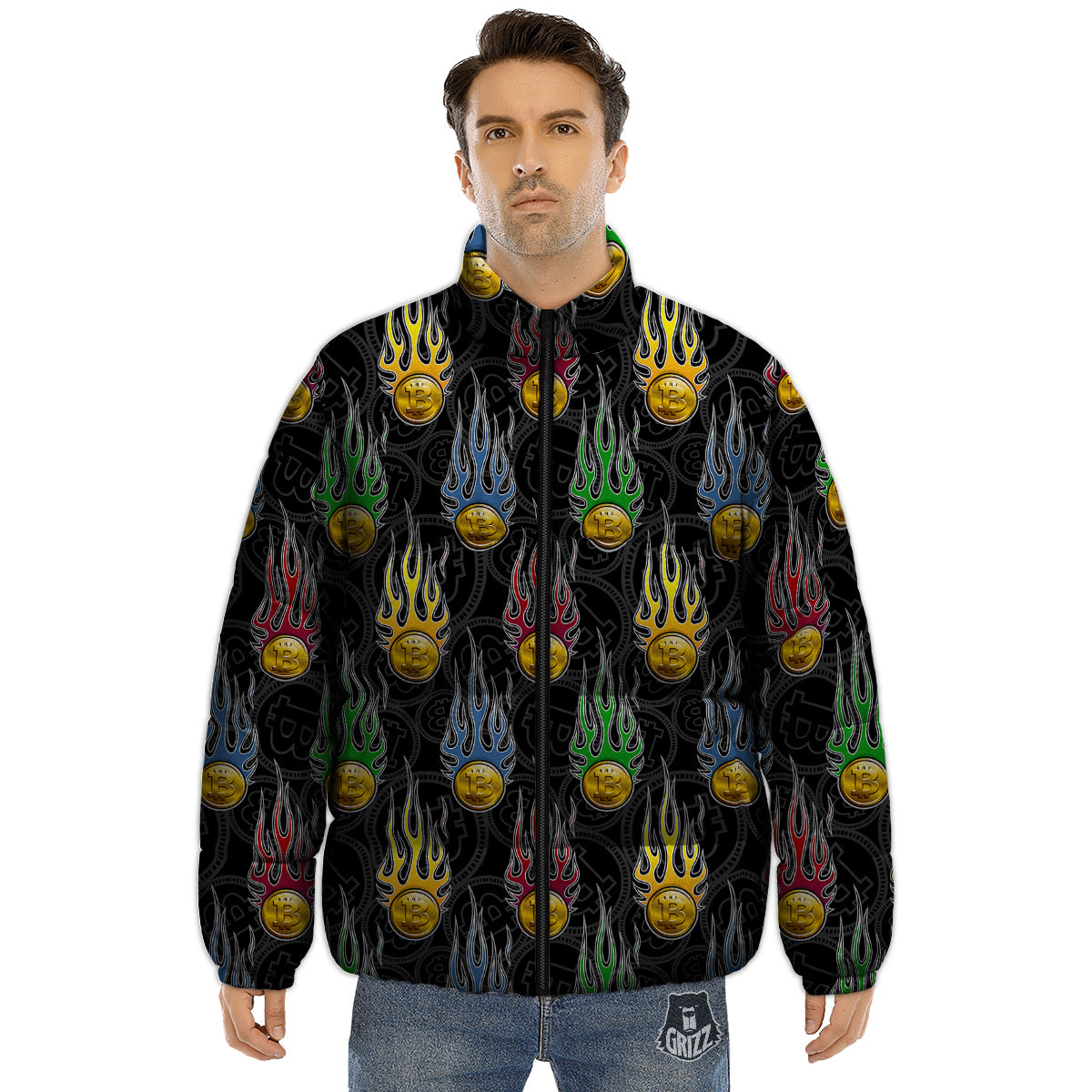 Digital Bitcoin On Fire Print Pattern Puffer Jacket-grizzshop