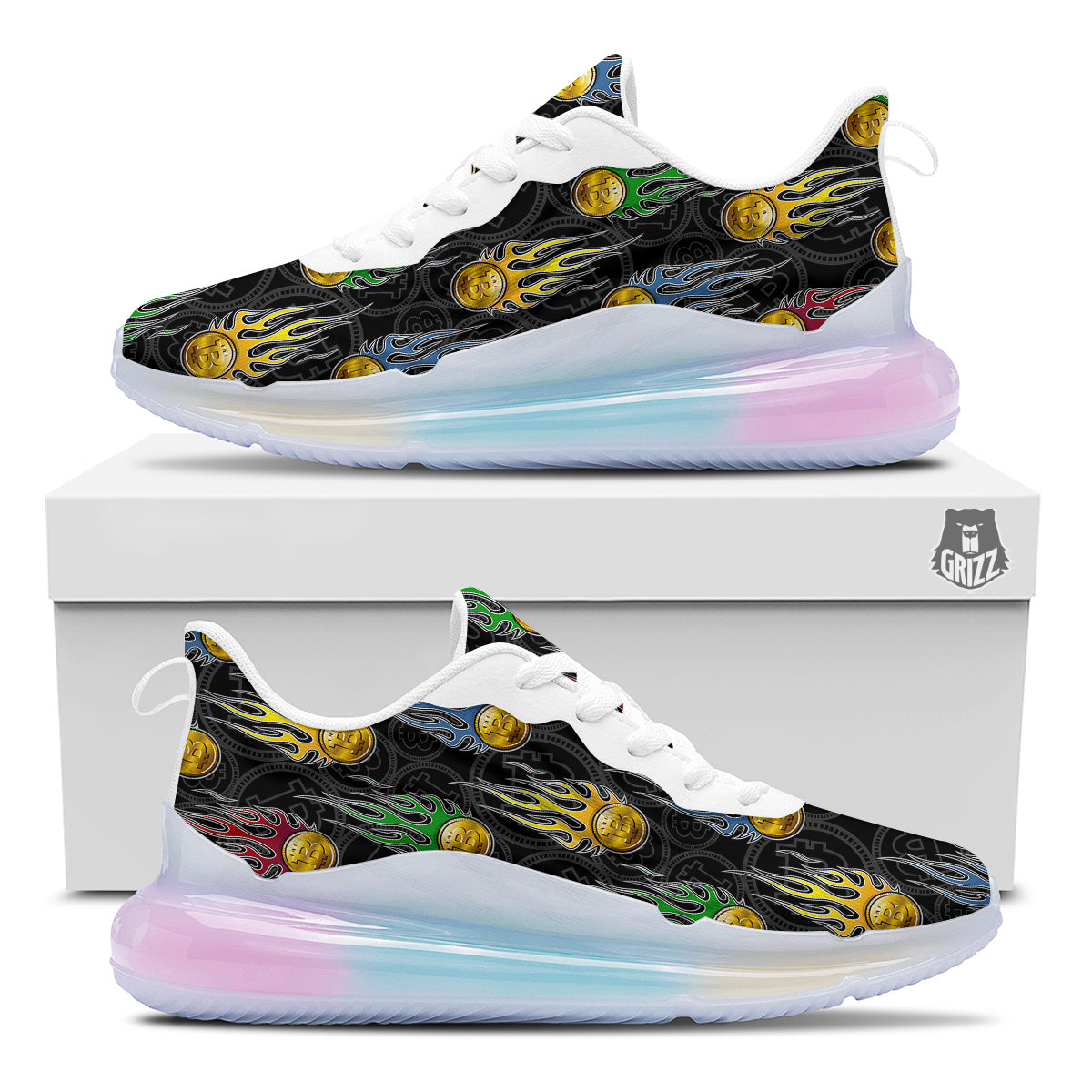 Digital Bitcoin On Fire Print Pattern Running Sneakers-grizzshop