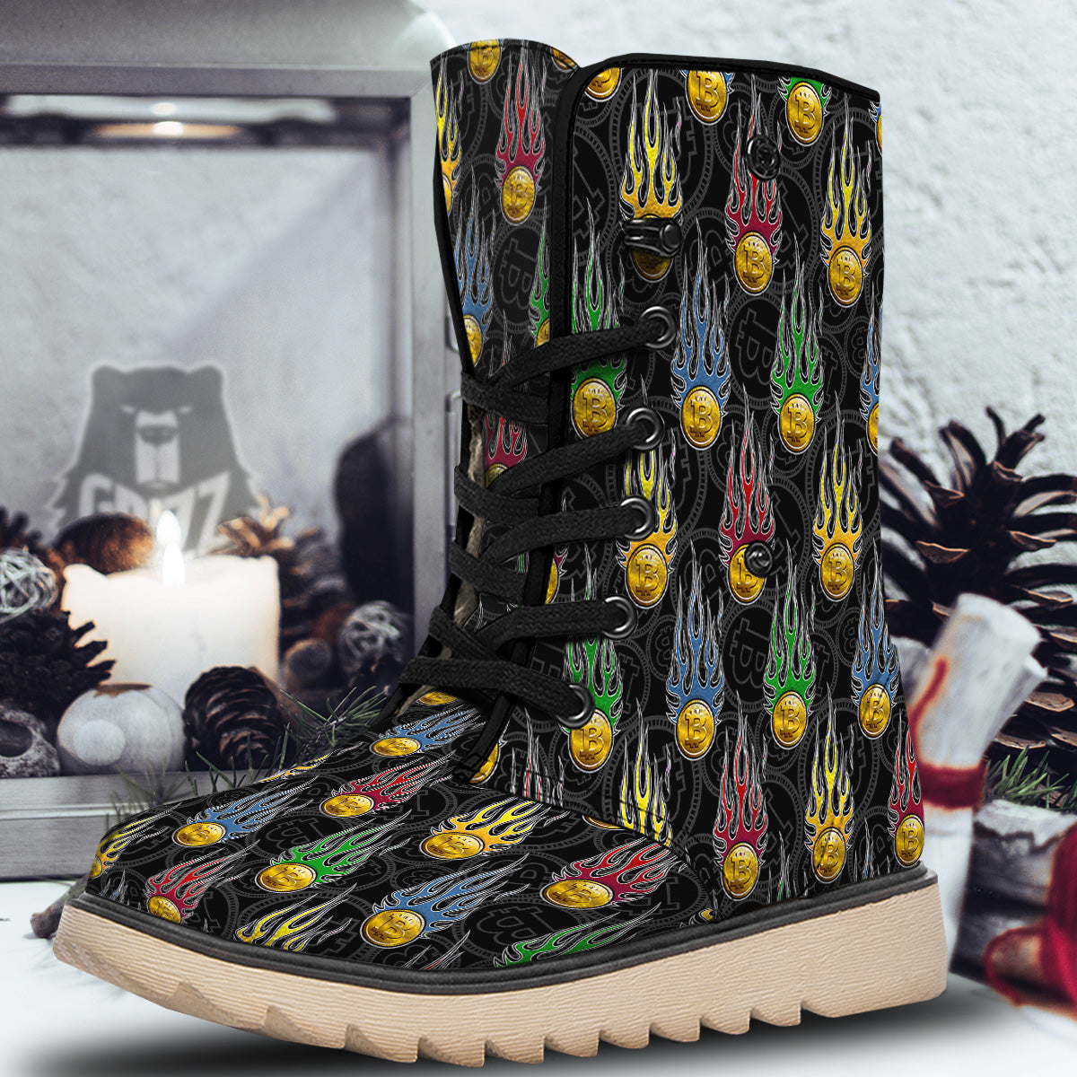 Digital Bitcoin On Fire Print Pattern Snow Boots-grizzshop