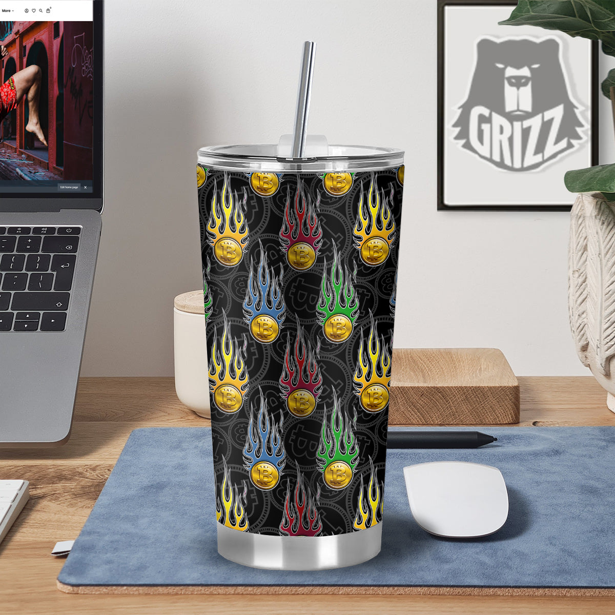 Digital Bitcoin On Fire Print Pattern Tumbler-grizzshop