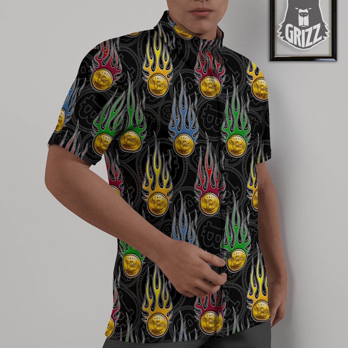 Digital Bitcoin On Fire Print Pattern Untucked Shirts-grizzshop