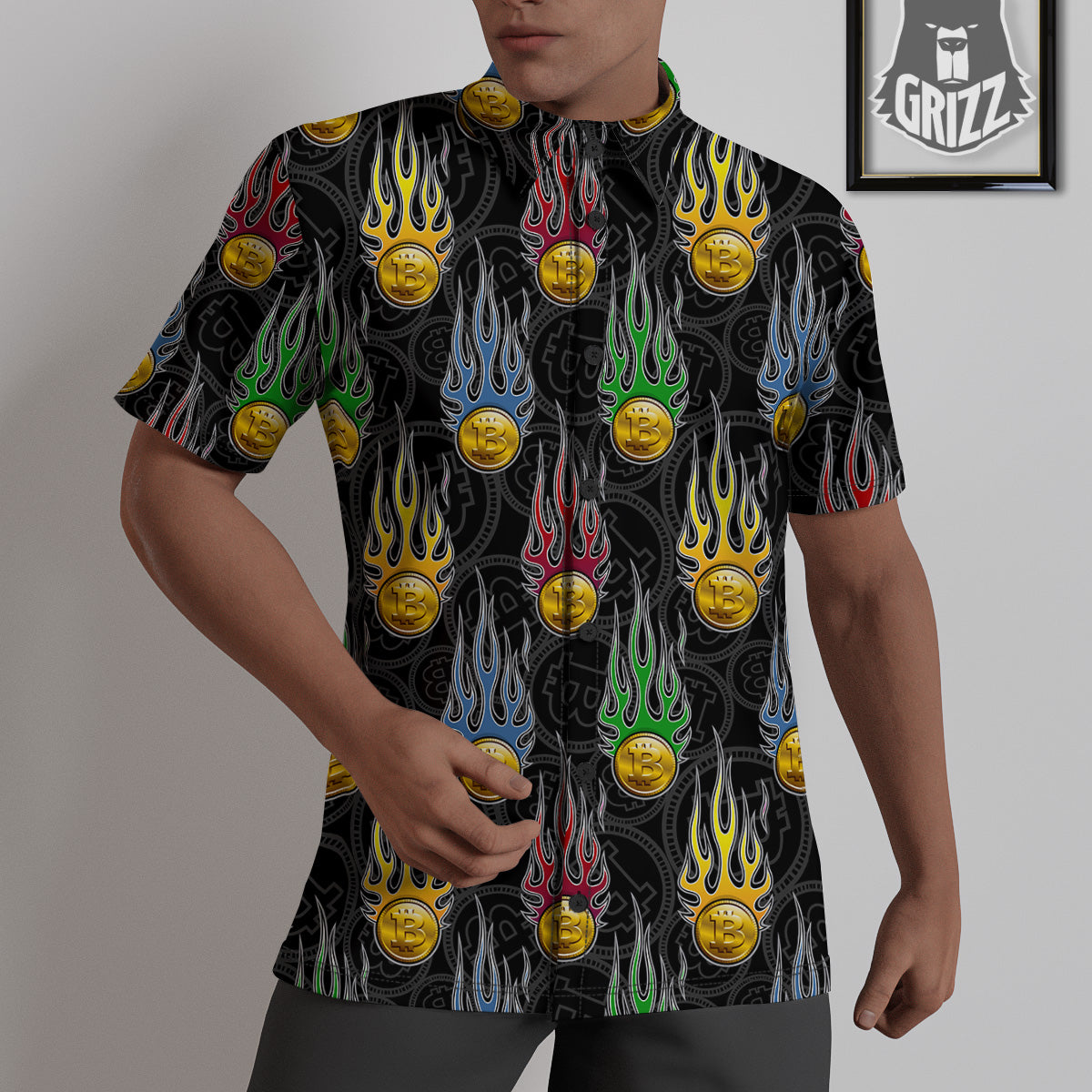 Digital Bitcoin On Fire Print Pattern Untucked Shirts-grizzshop
