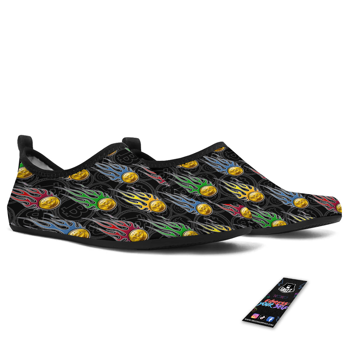 Digital Bitcoin On Fire Print Pattern Water Shoes-grizzshop