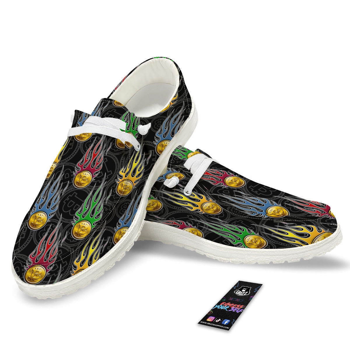 Digital Bitcoin On Fire Print Pattern White Loafers-grizzshop