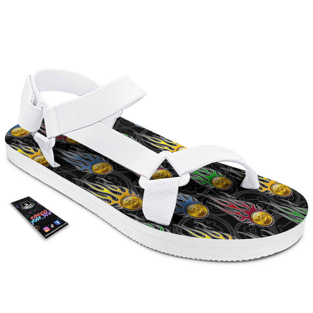 Digital Bitcoin On Fire Print Pattern White Open Toe Sandals-grizzshop