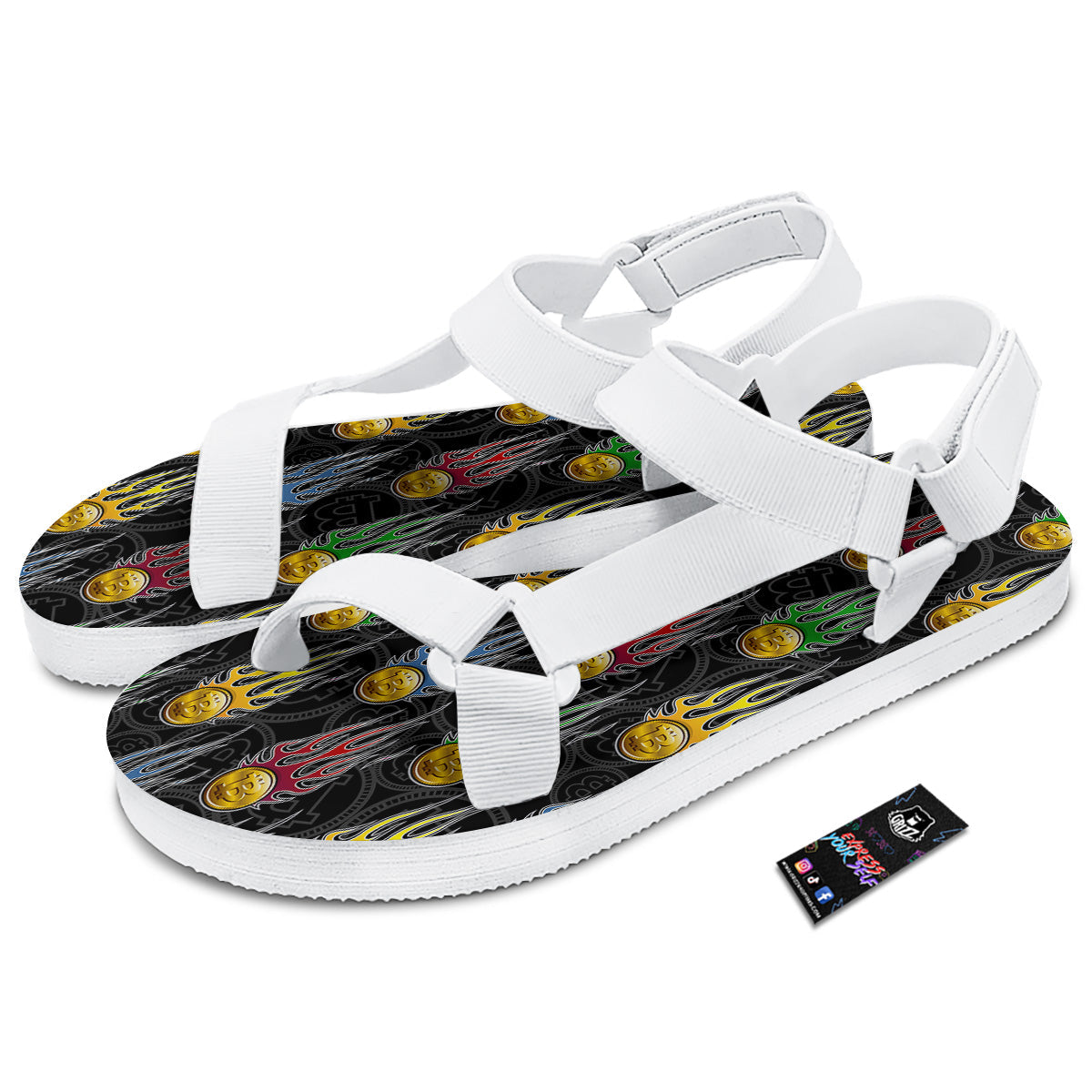 Digital Bitcoin On Fire Print Pattern White Open Toe Sandals-grizzshop