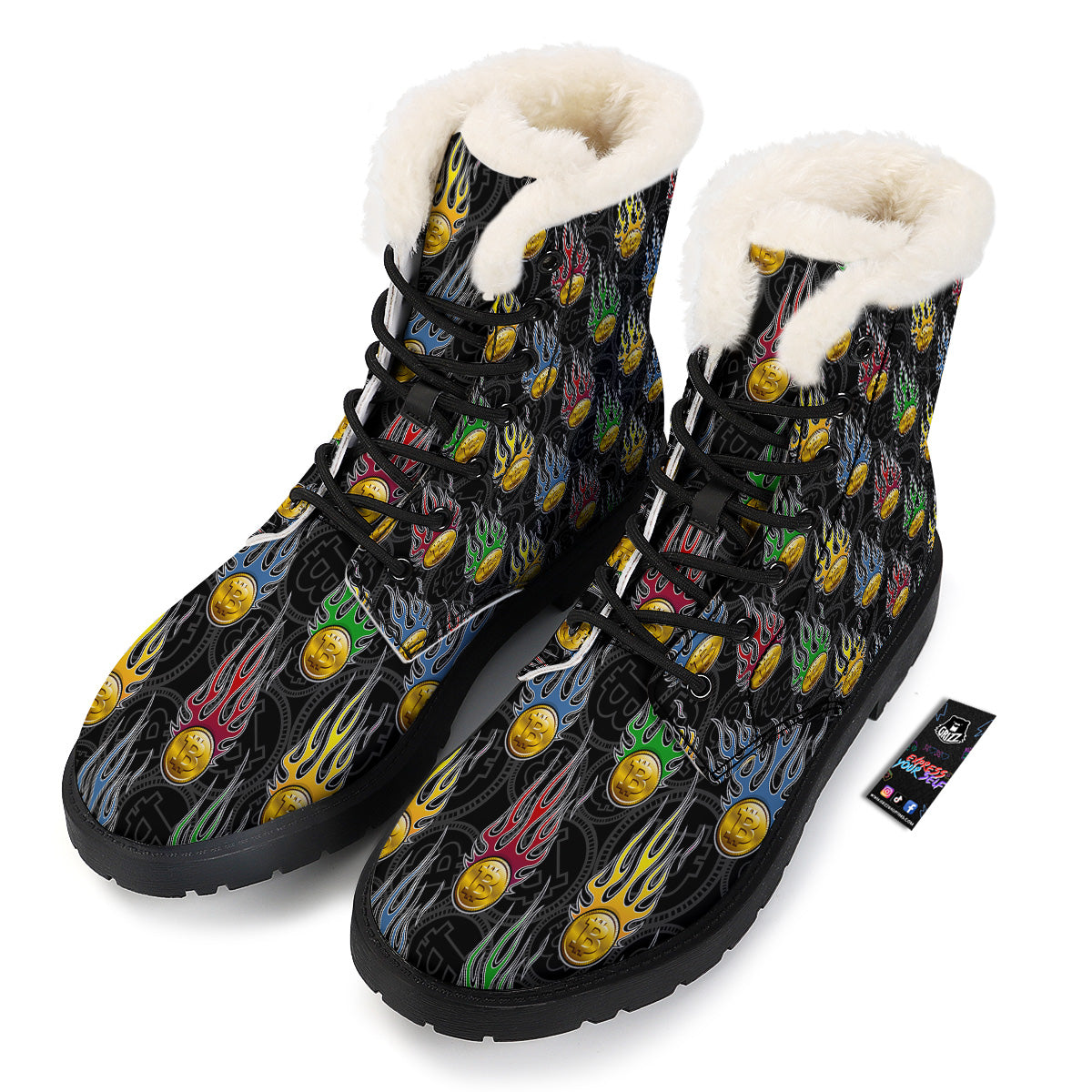 Digital Bitcoin On Fire Print Pattern Winter Boots-grizzshop