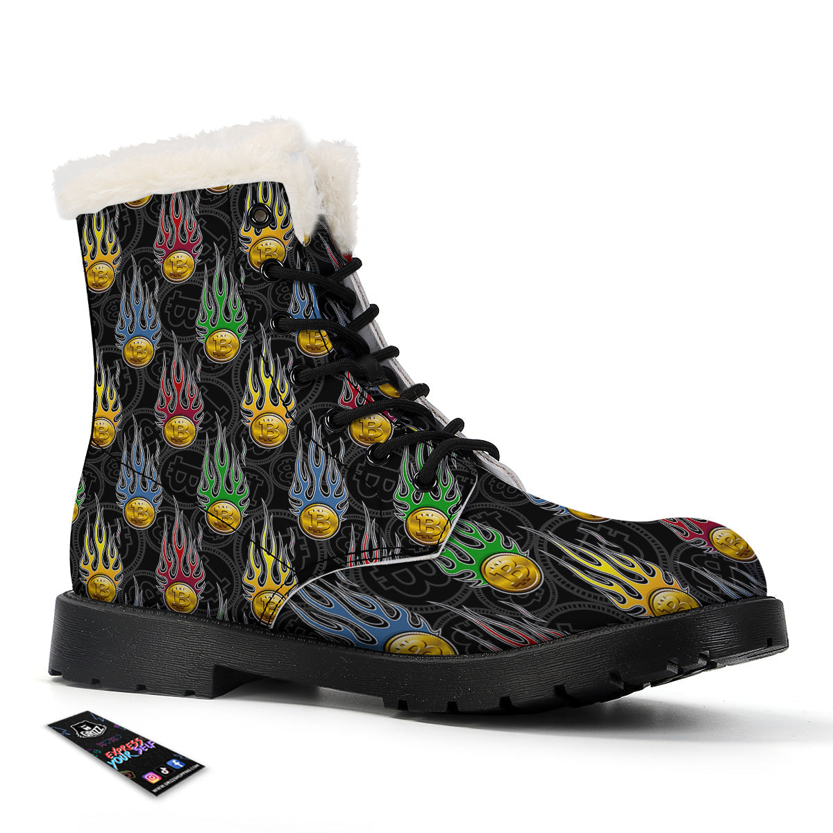 Digital Bitcoin On Fire Print Pattern Winter Boots-grizzshop