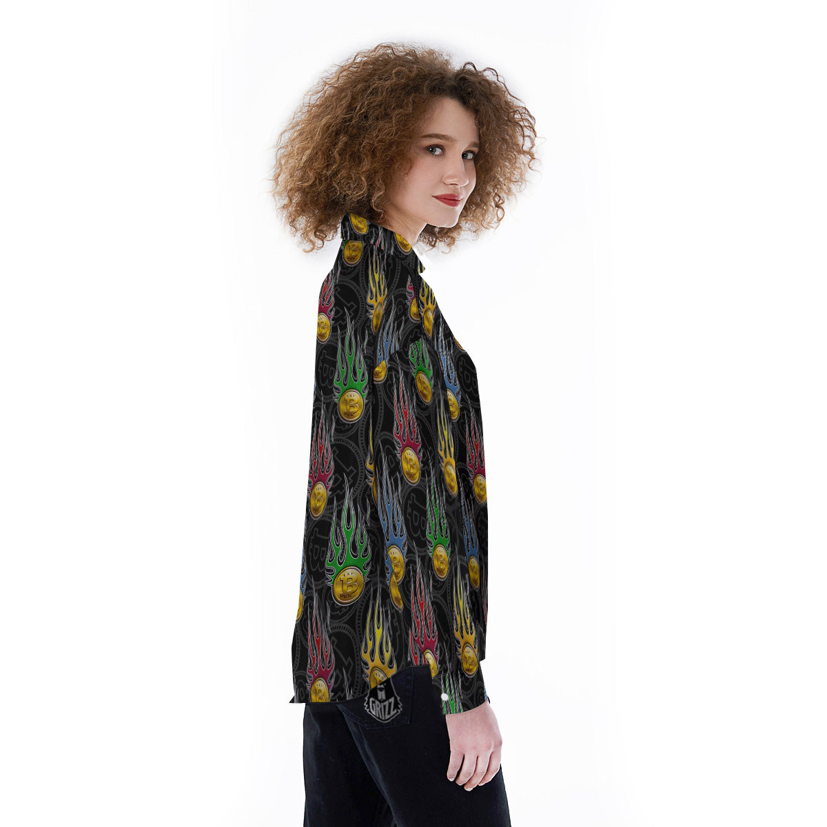 Digital Bitcoin On Fire Print Pattern Women's Long Sleeve Shirts-grizzshop