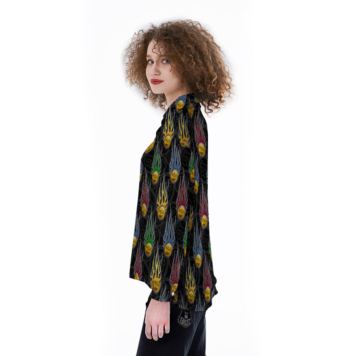 Digital Bitcoin On Fire Print Pattern Women's Long Sleeve Shirts-grizzshop