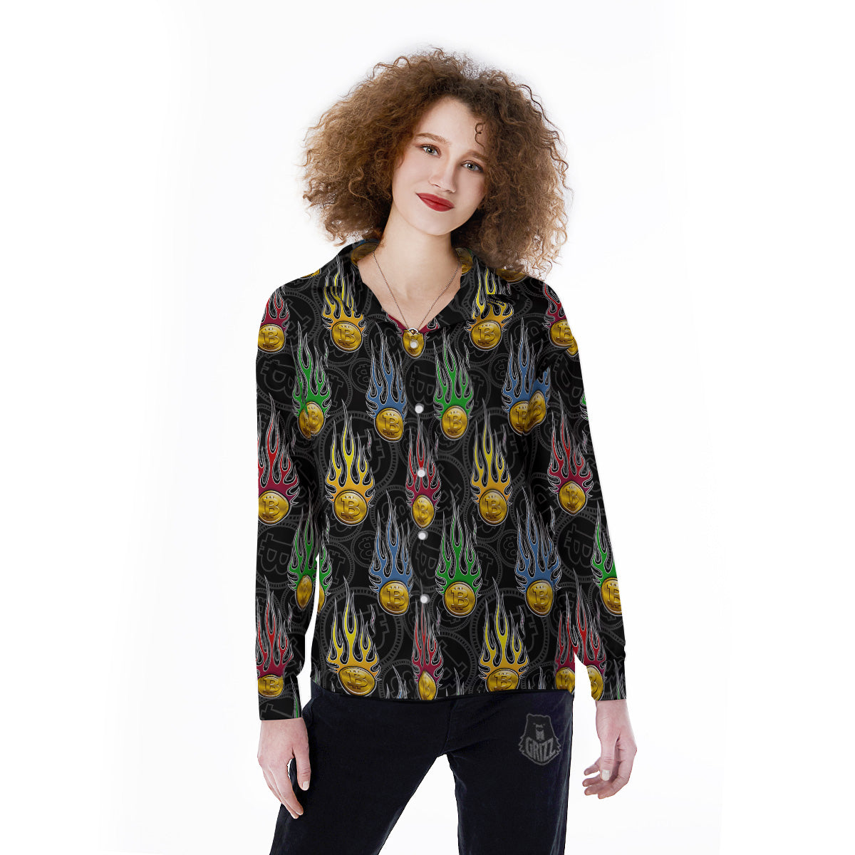 Digital Bitcoin On Fire Print Pattern Women's Long Sleeve Shirts-grizzshop
