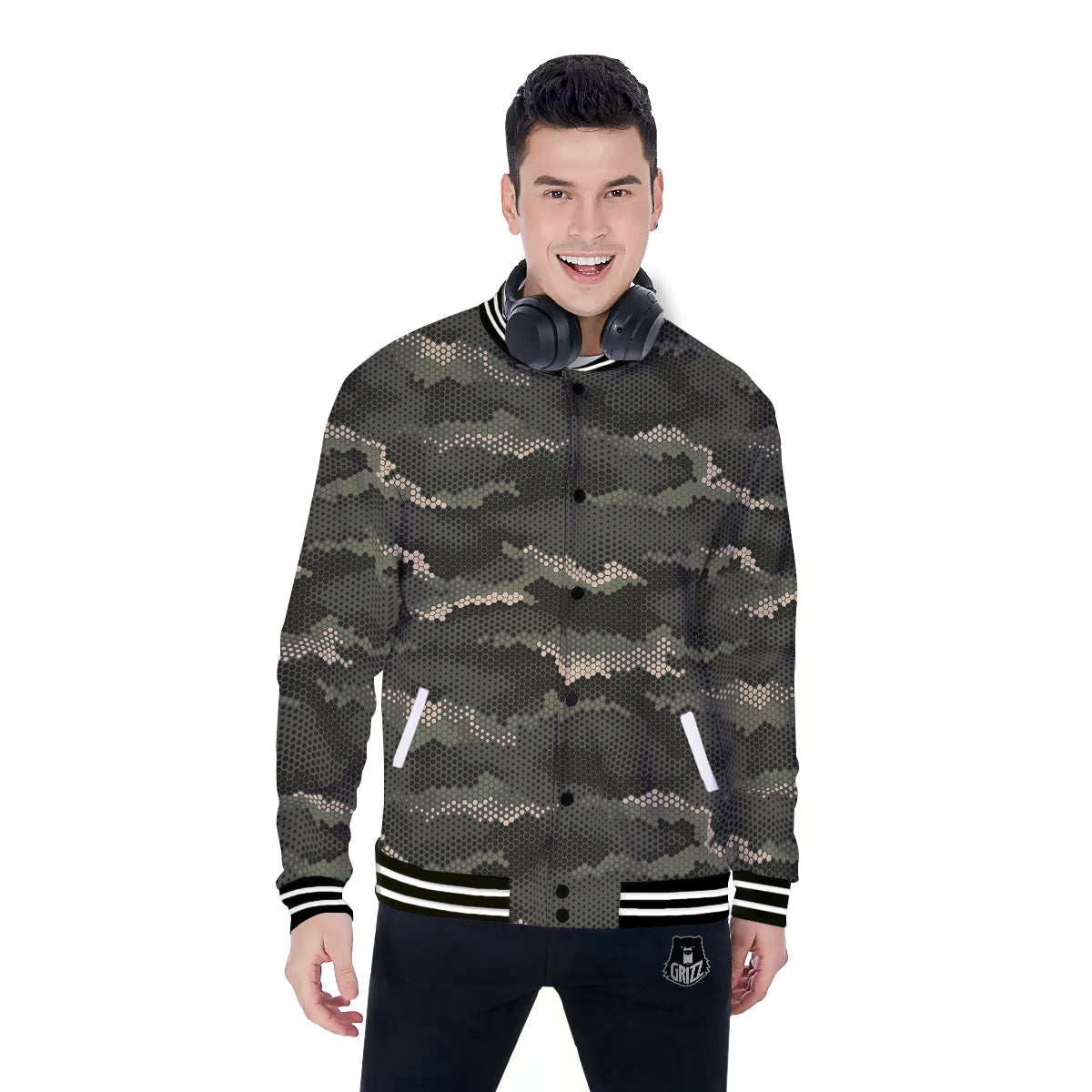 Digital Camo Army Green Print Pattern Baseball Jacket-grizzshop