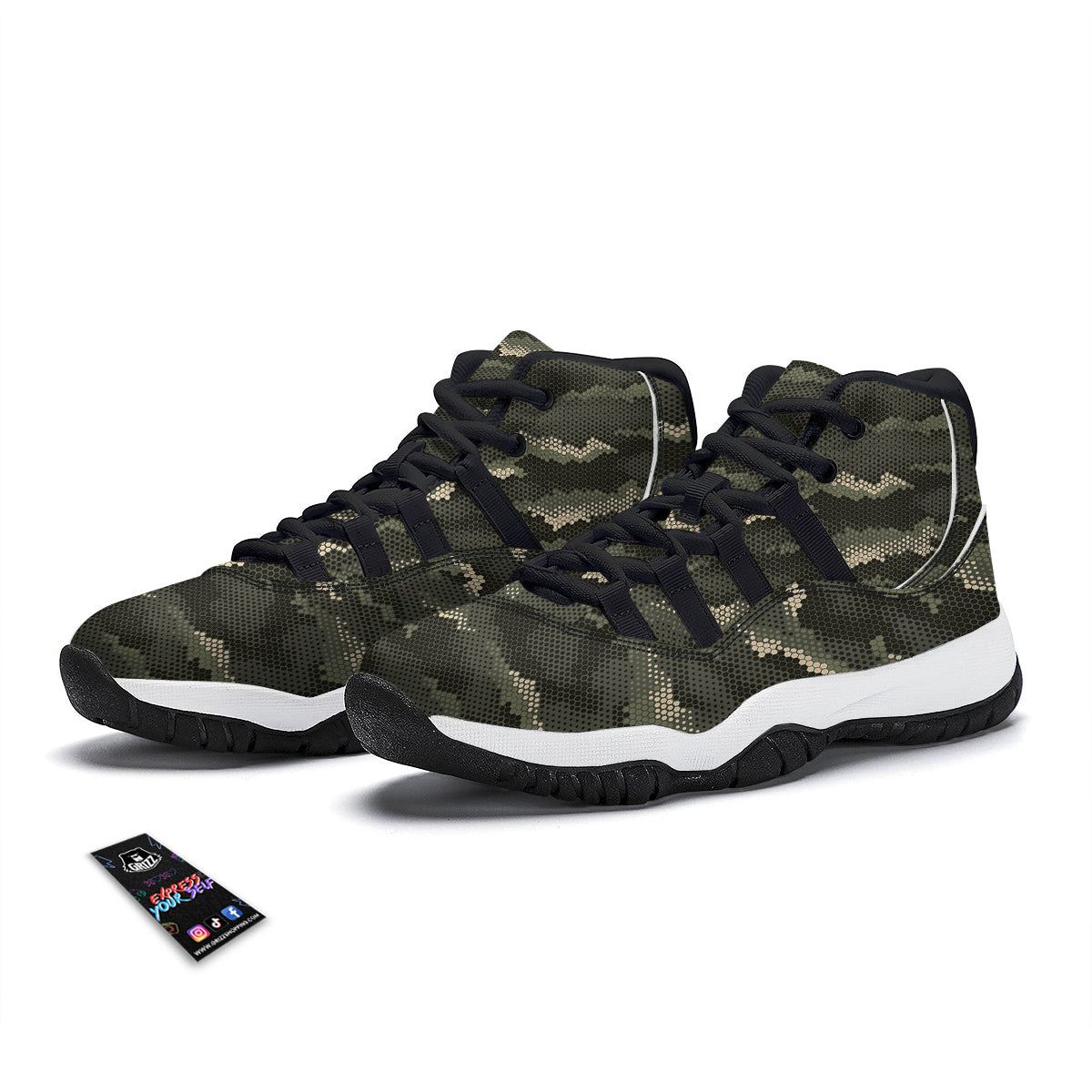 Digital Camo Army Green Print Pattern Black Bball Shoes-grizzshop