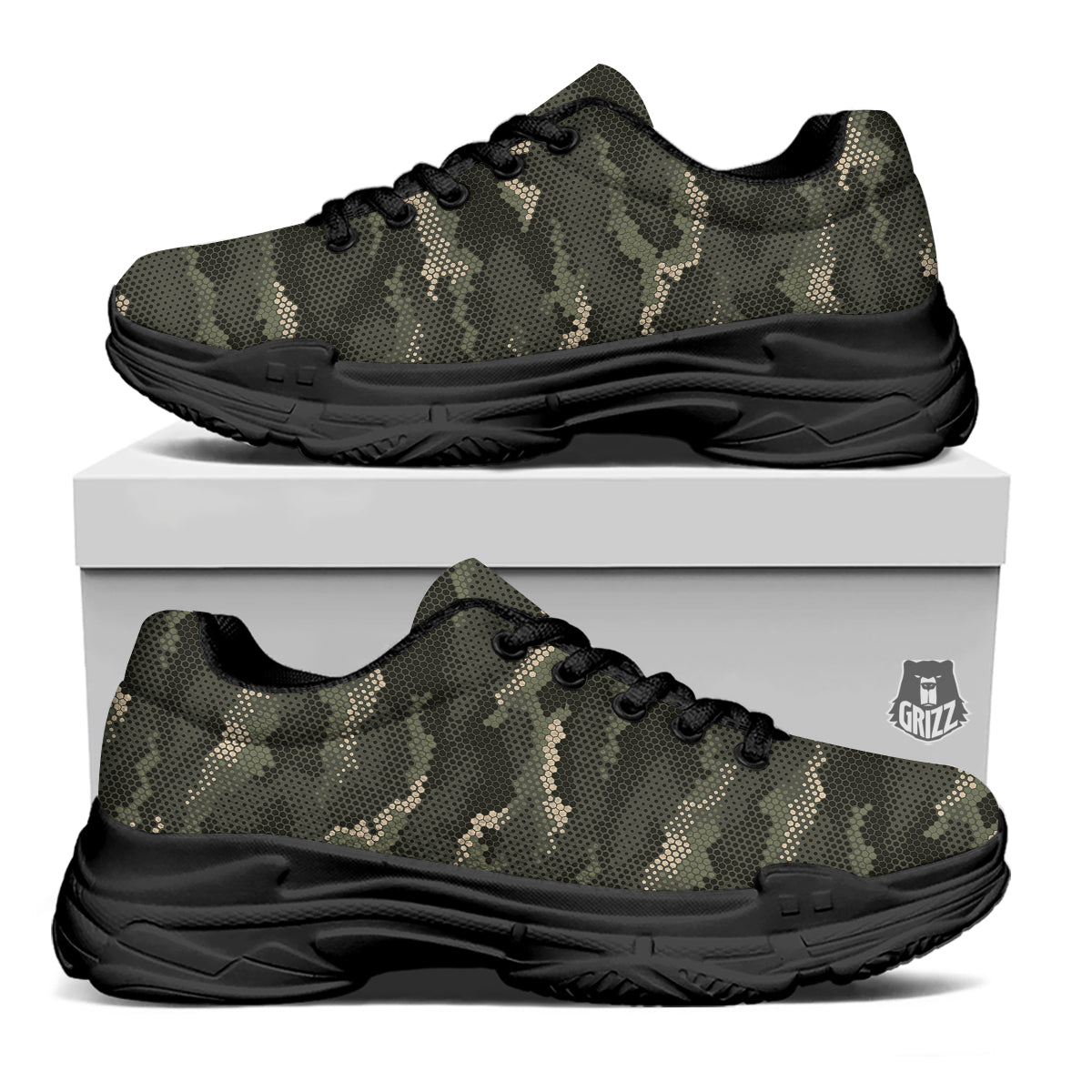 Digital Camo Army Green Print Pattern Black Chunky Shoes-grizzshop