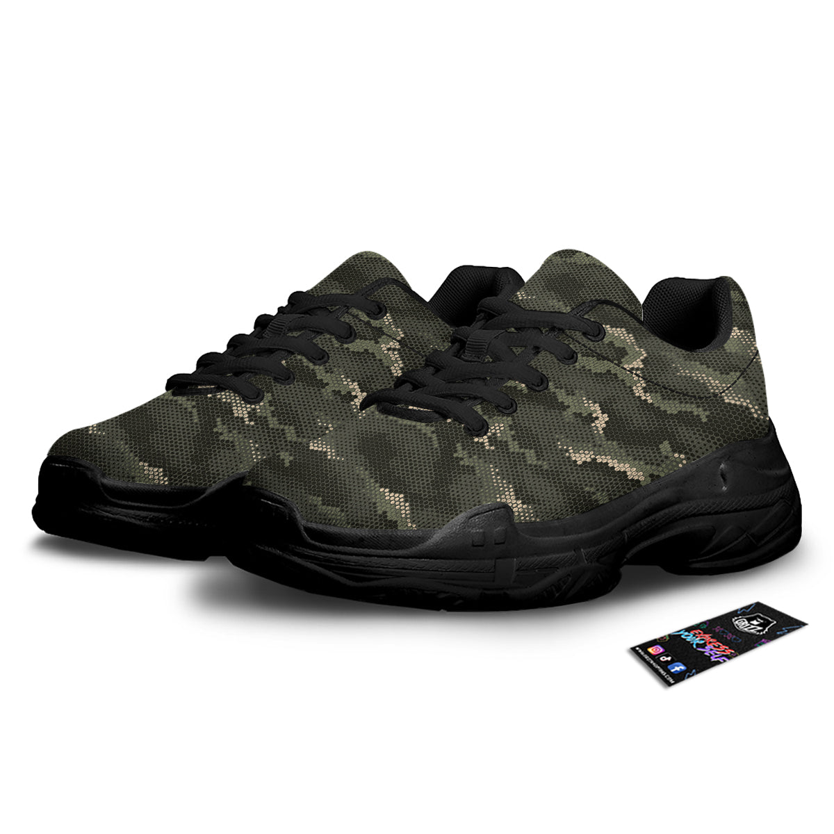 Digital Camo Army Green Print Pattern Black Chunky Shoes-grizzshop