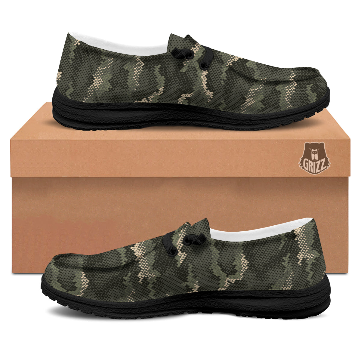 Digital Camo Army Green Print Pattern Black Loafers-grizzshop
