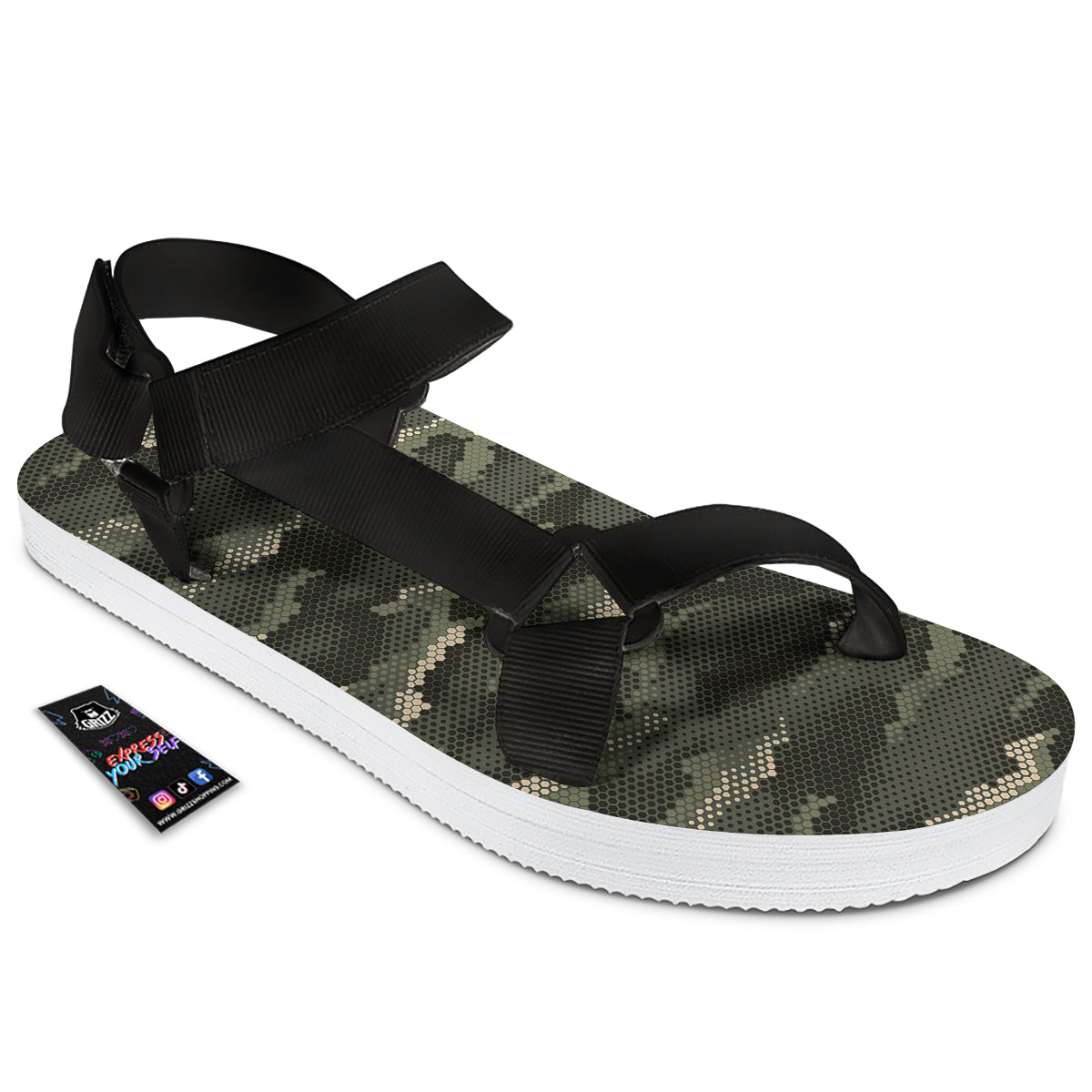 Digital Camo Army Green Print Pattern Black Open Toe Sandals-grizzshop