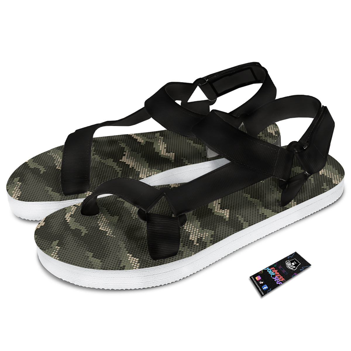 Digital Camo Army Green Print Pattern Black Open Toe Sandals-grizzshop