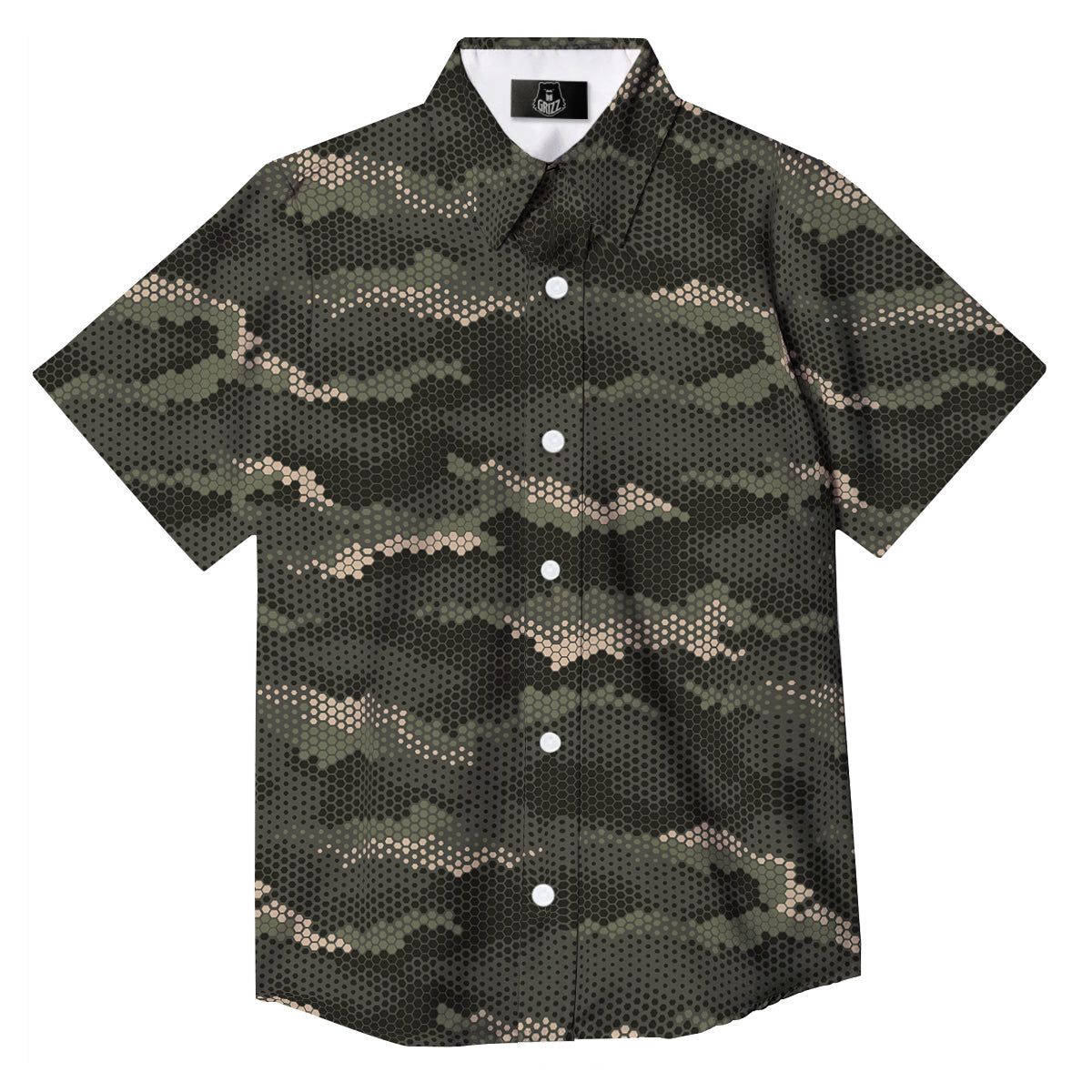 Digital Camo Army Green Print Pattern Button Up Shirt-grizzshop