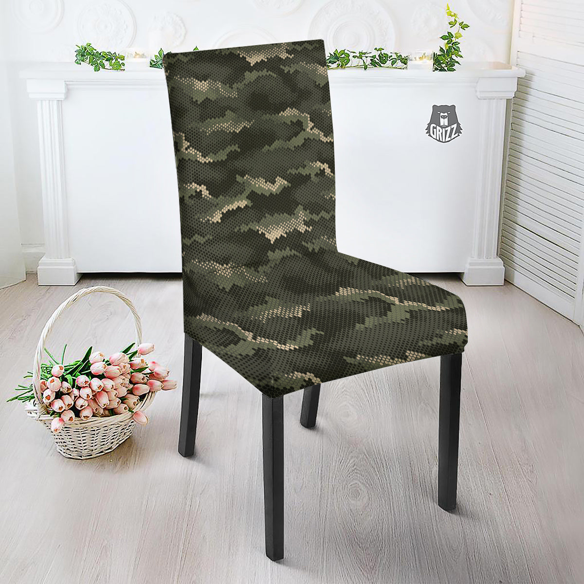 Digital Camo Army Green Print Pattern Dining Chair Slipcover-grizzshop