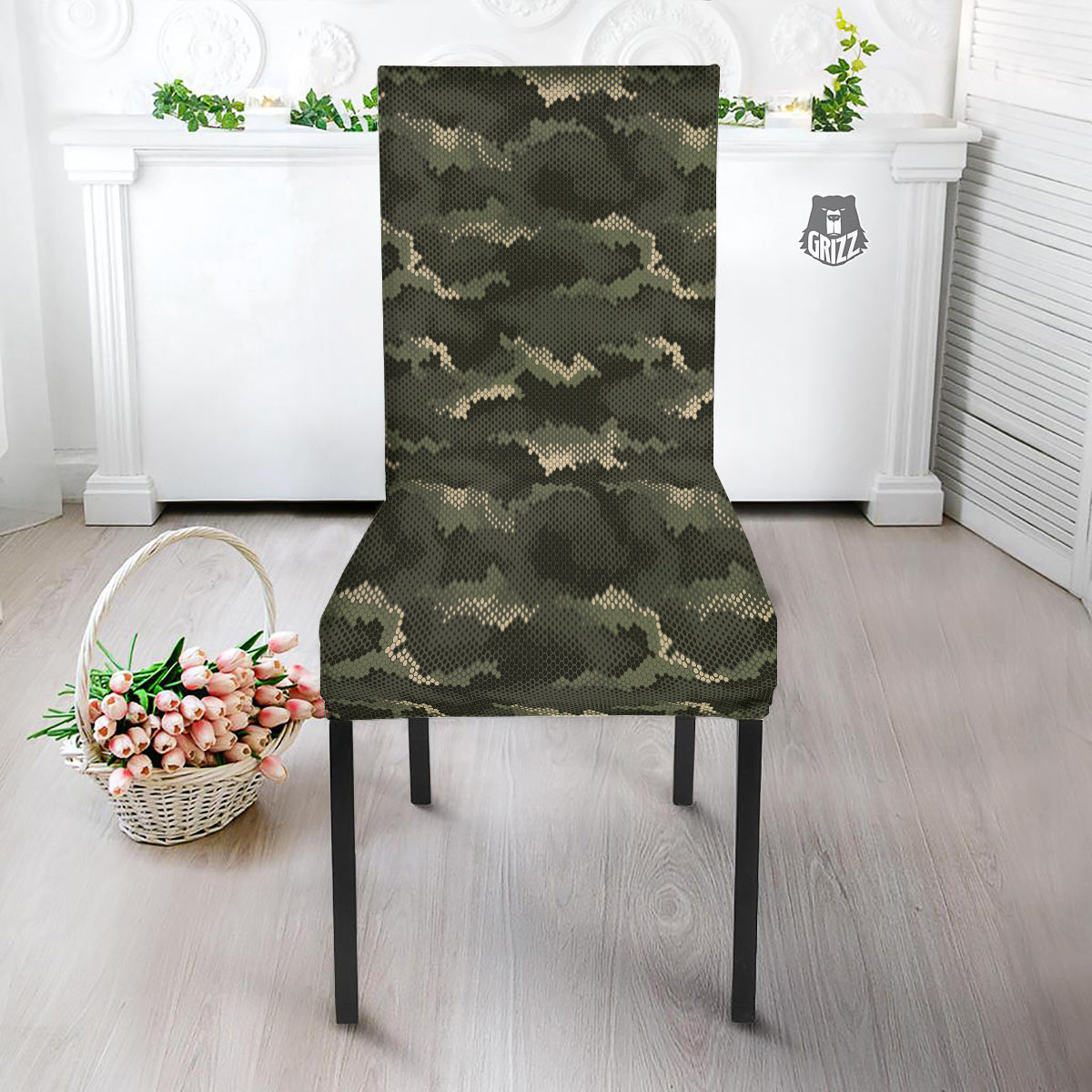 Digital Camo Army Green Print Pattern Dining Chair Slipcover-grizzshop