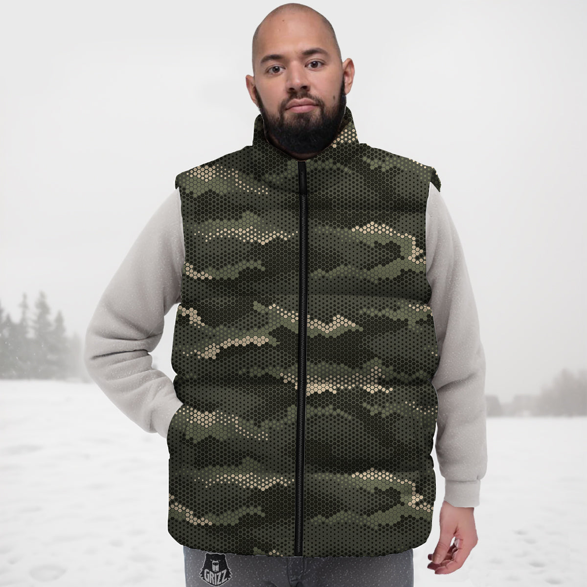 Digital Camo Army Green Print Pattern Down Vest
