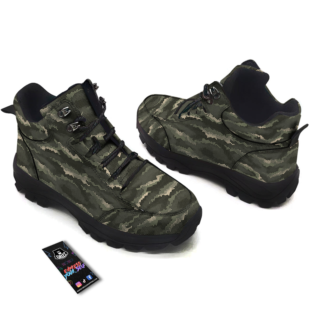 Digital Camo Army Green Print Pattern Hiking Shoes-grizzshop