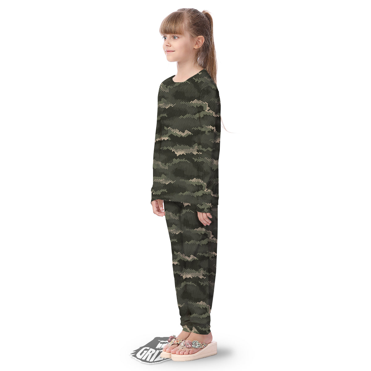 Digital Camo Army Green Print Pattern Kid's Pajamas-grizzshop
