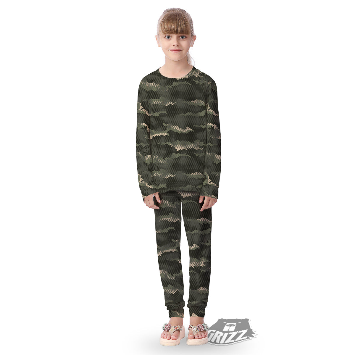 Digital Camo Army Green Print Pattern Kid's Pajamas-grizzshop