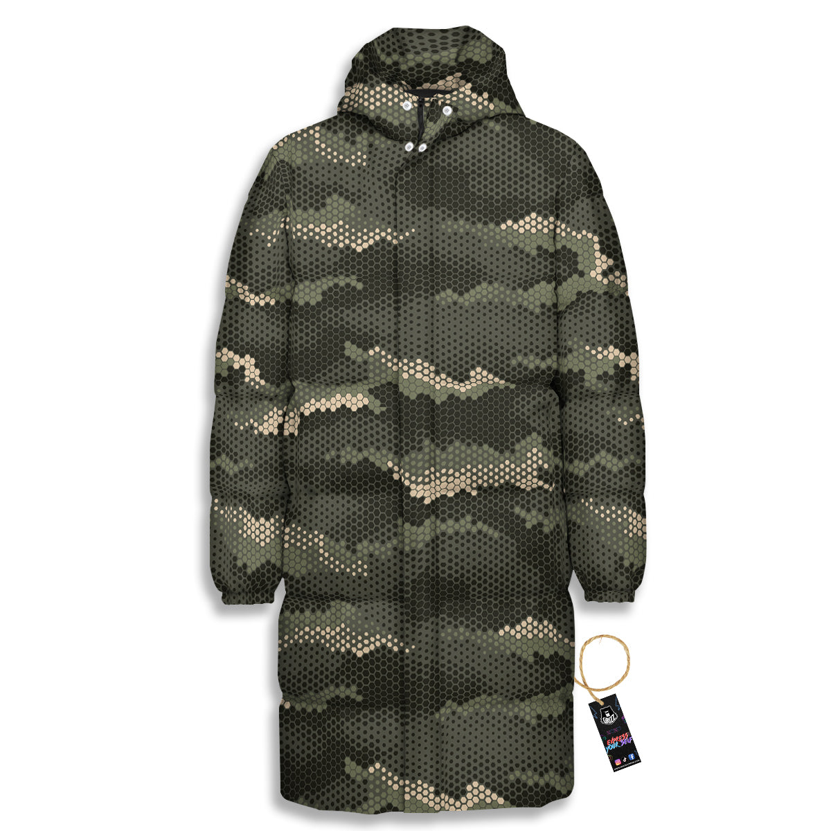 Digital Camo Army Green Print Pattern Long Down Jacket-grizzshop
