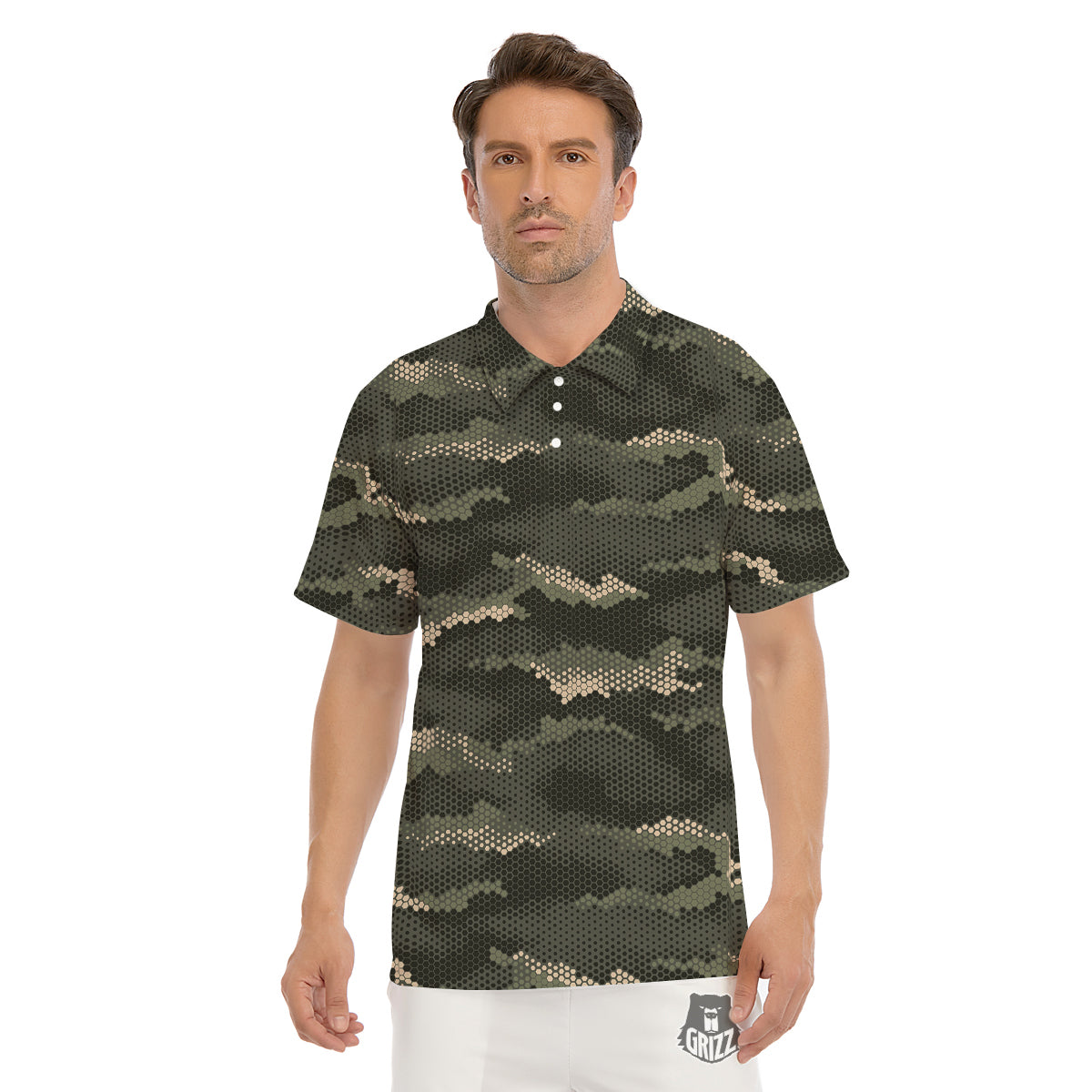 Digital Camo Army Green Print Pattern Men's Golf Shirts-grizzshop