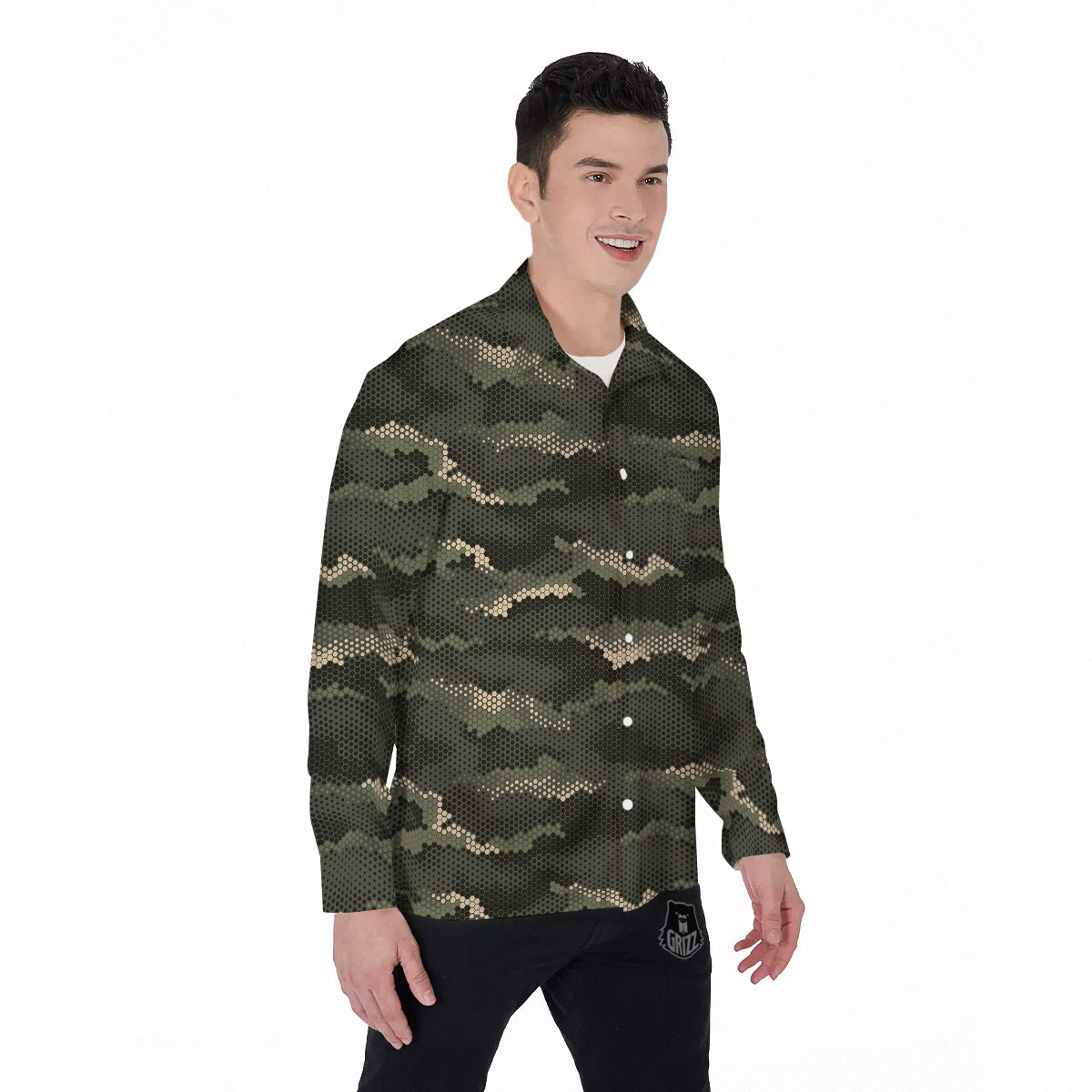 Digital Camo Army Green Print Pattern Men's Long Sleeve Shirts-grizzshop