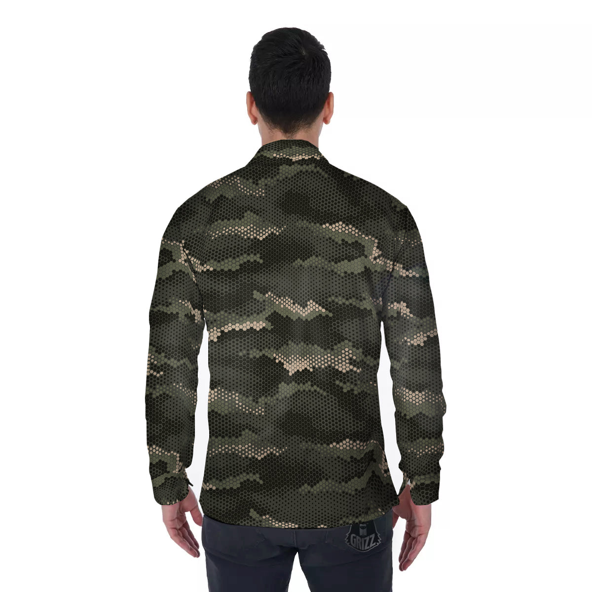 Digital Camo Army Green Print Pattern Men's Long Sleeve Shirts-grizzshop