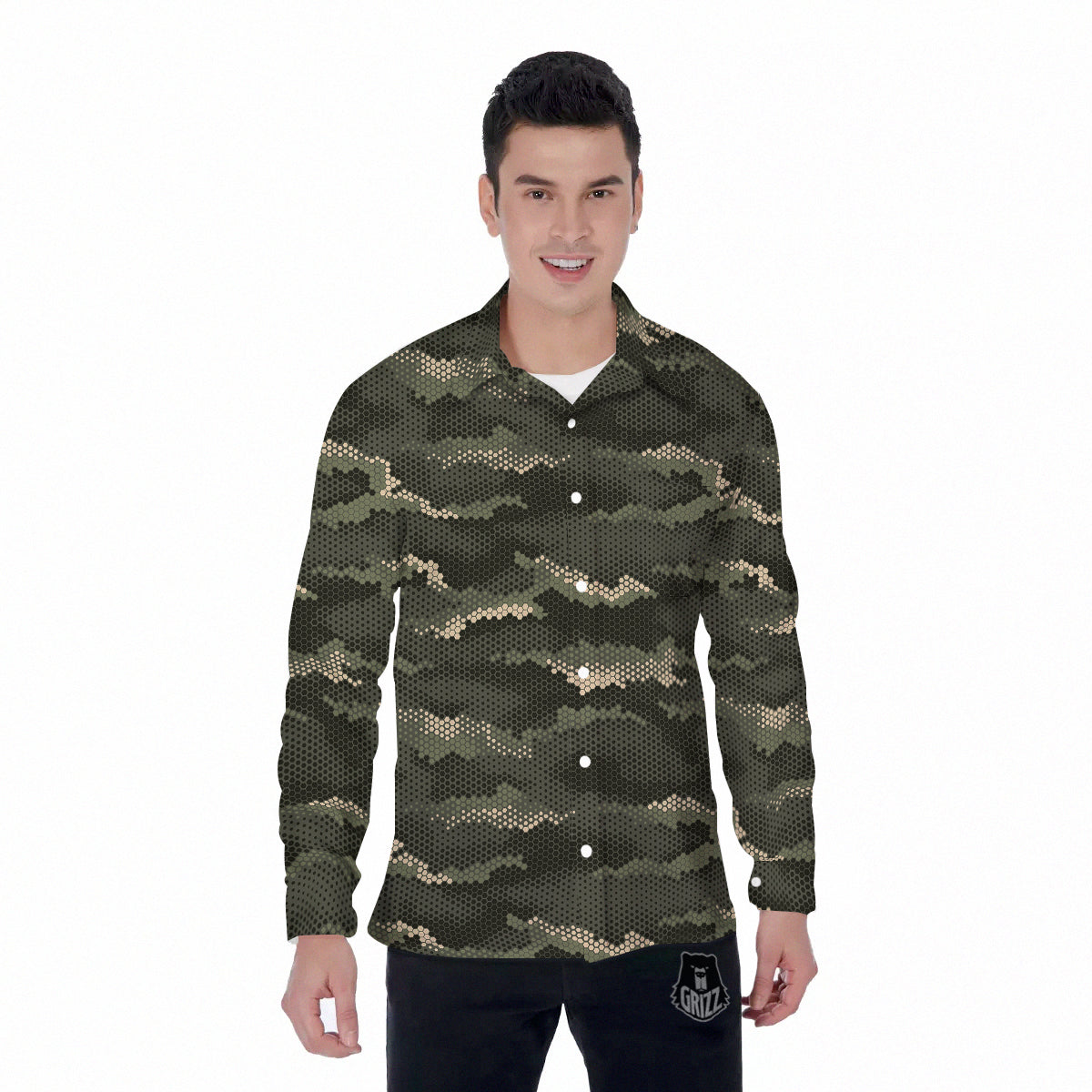 Digital Camo Army Green Print Pattern Men's Long Sleeve Shirts-grizzshop