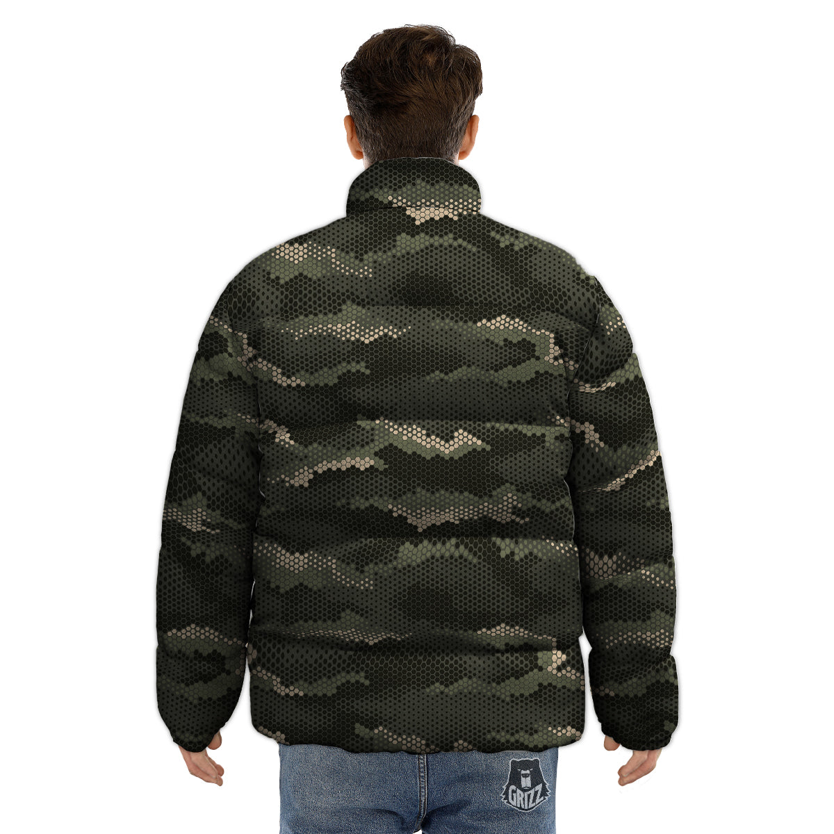 Digital Camo Army Green Print Pattern Puffer Jacket-grizzshop