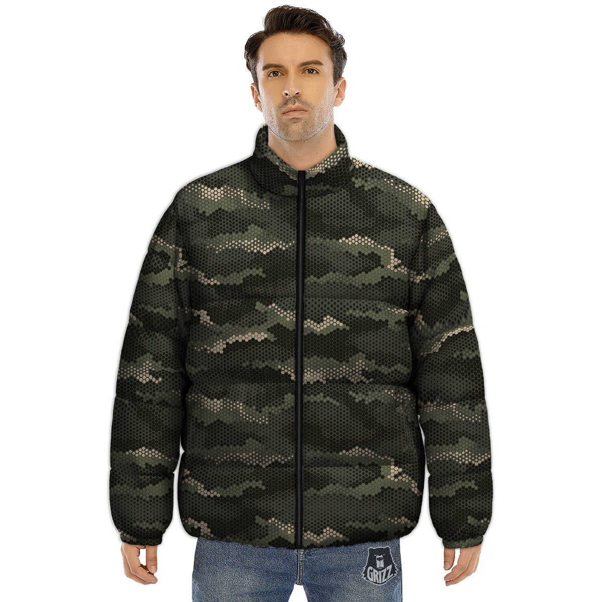 Digital Camo Army Green Print Pattern Puffer Jacket-grizzshop