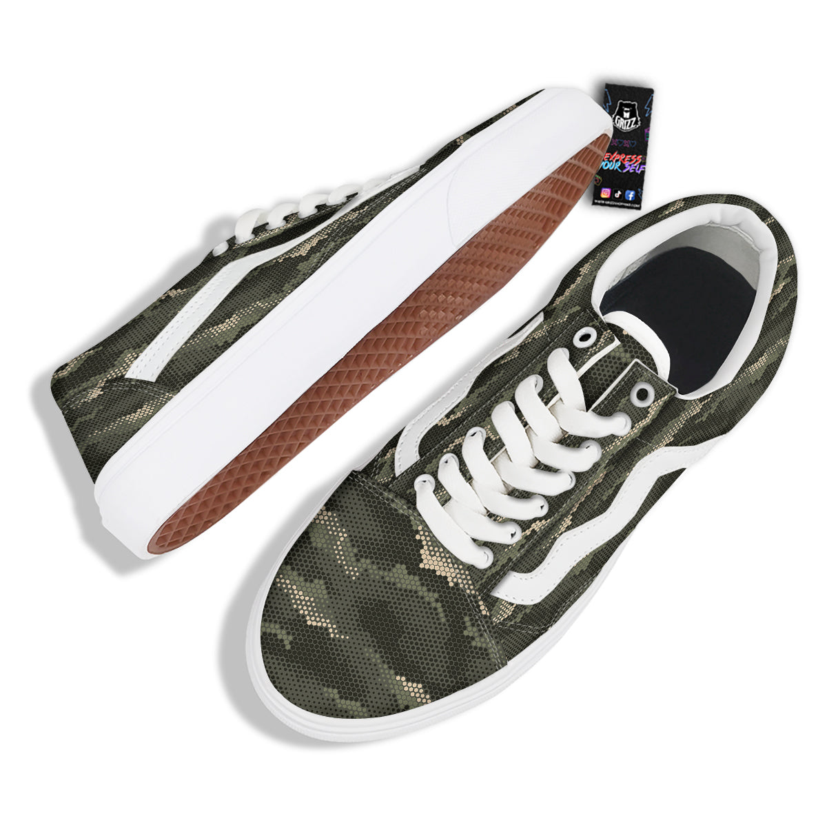Digital Camo Army Green Print Pattern Skate Shoes-grizzshop