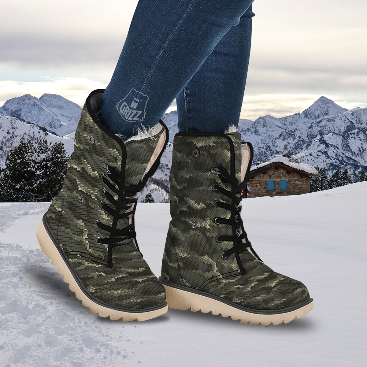 Digital Camo Army Green Print Pattern Snow Boots-grizzshop