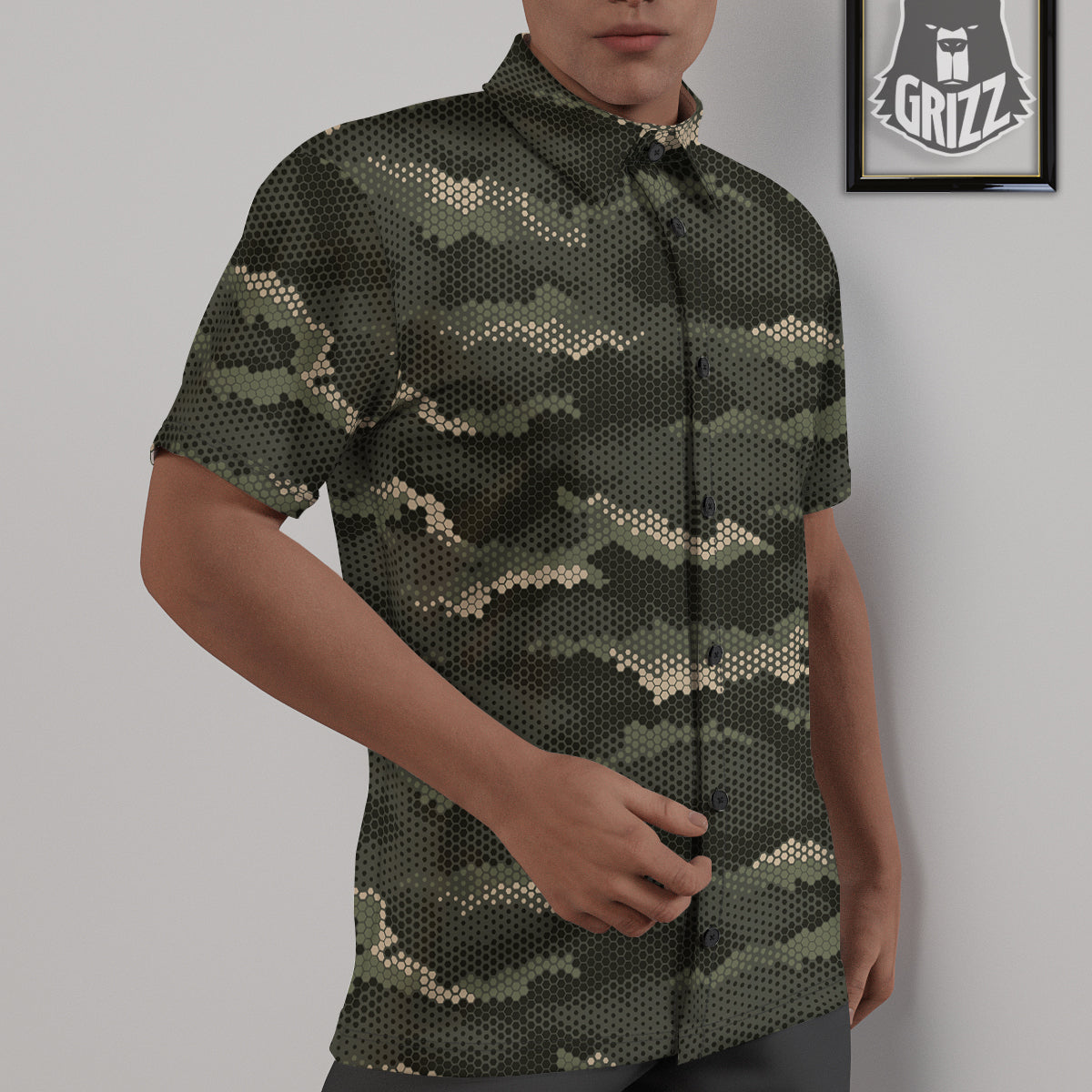 Digital Camo Army Green Print Pattern Untucked Shirts-grizzshop