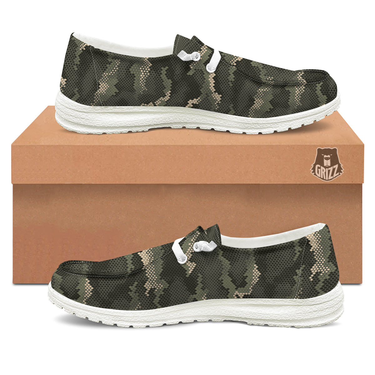 Digital Camo Army Green Print Pattern White Loafers-grizzshop