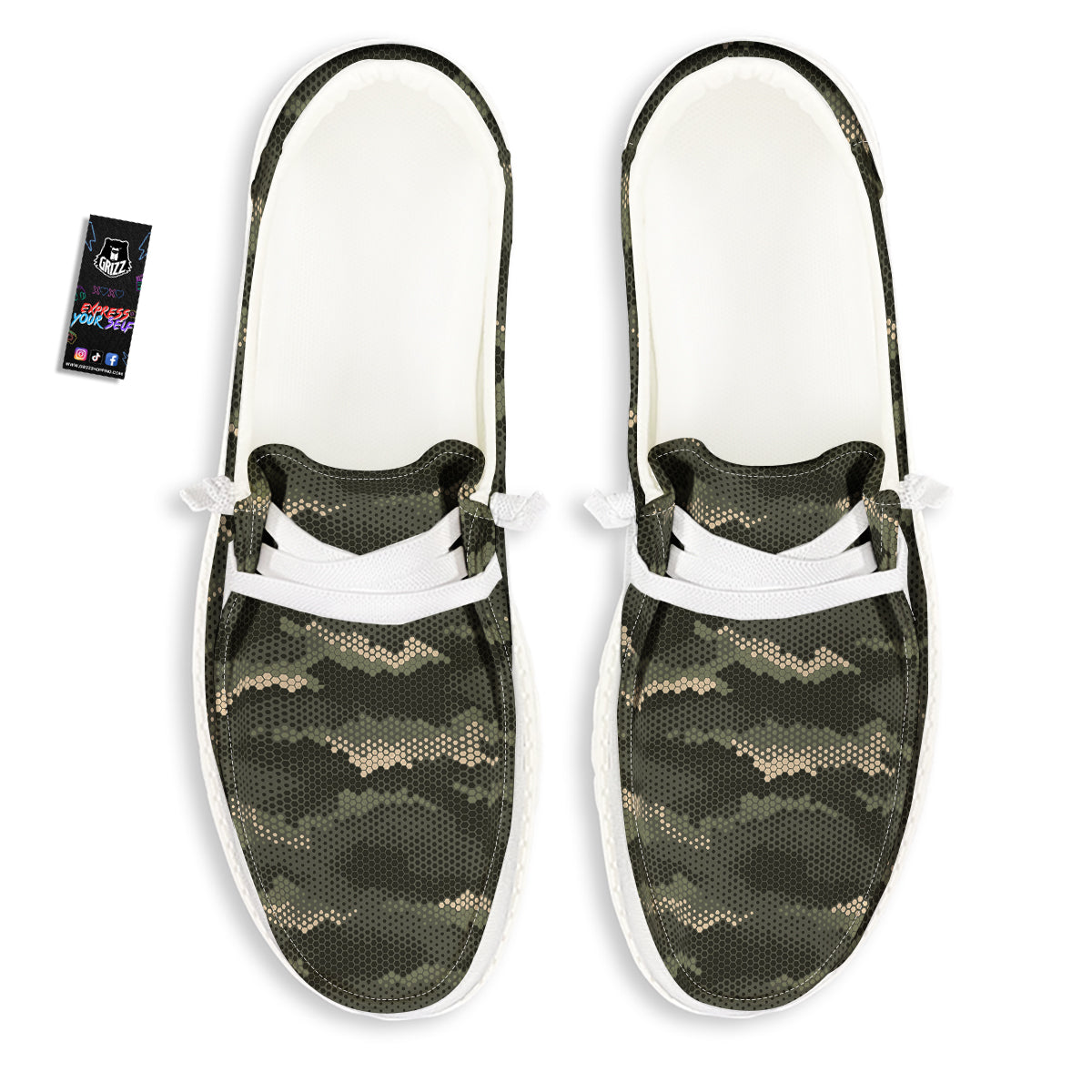 Digital Camo Army Green Print Pattern White Loafers-grizzshop